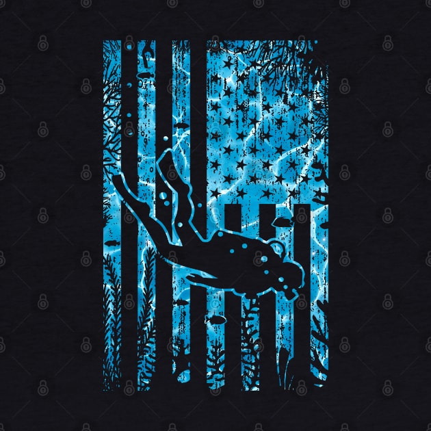 Scuba Diver American Flag Grunge Blues Vintage Diving Art by TeeCreations